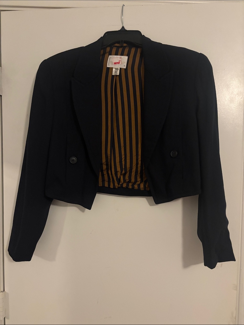Vintage Cropped Navy Women's Blazer with Striped Lining